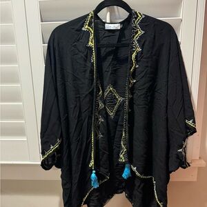 Ava Sky Black Blouse with Yellow Stitching and Blue Accents
